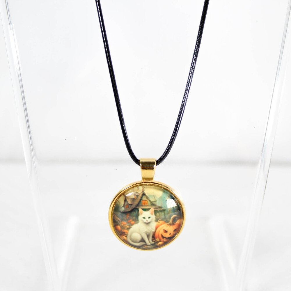 Autumn Enchantment – Gothic Cat Necklace Collection White Cat Pumpkin Patch Gold